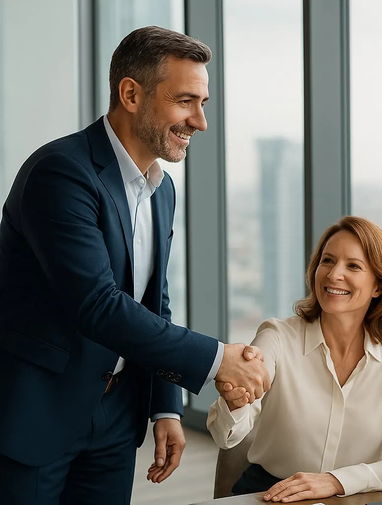 Manager che stringe la mano a una collega durante un incontro di lavoro